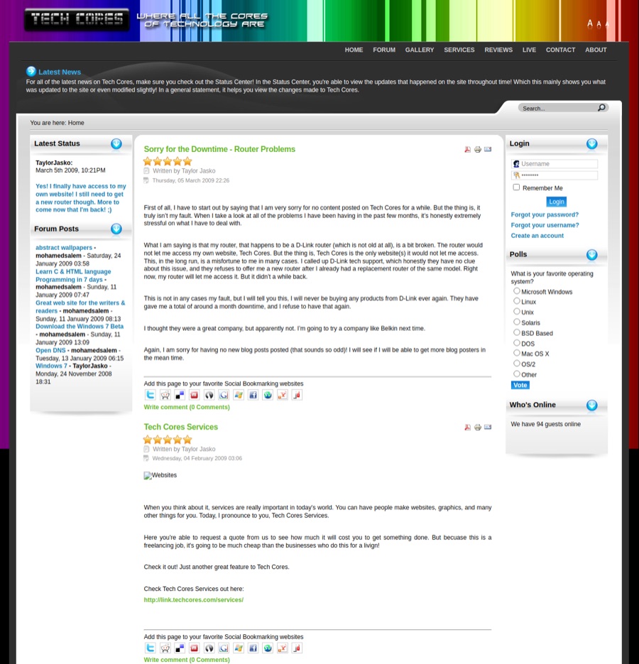 Tech Cores in March 2009, a Joomla site with a rainbow striped header, latest status and forum posts on the left, and login and polls on the right