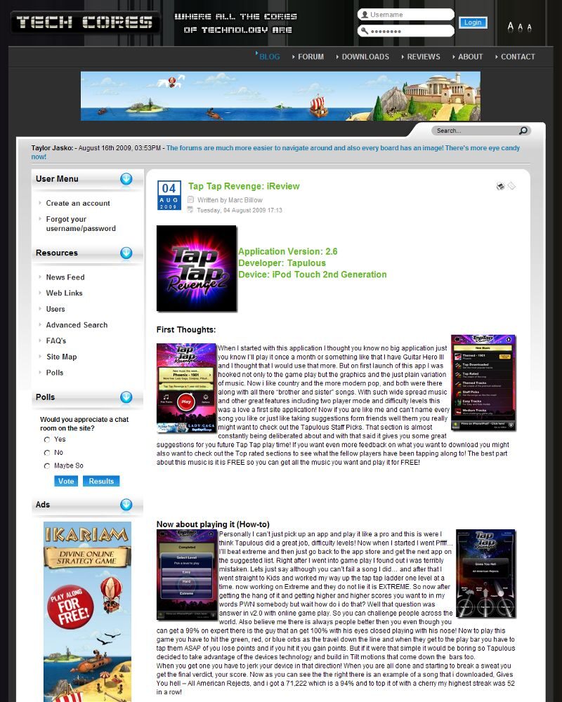 Tech Cores in August 2009, a Joomla site with a dark header, forums and a sidebar user menu