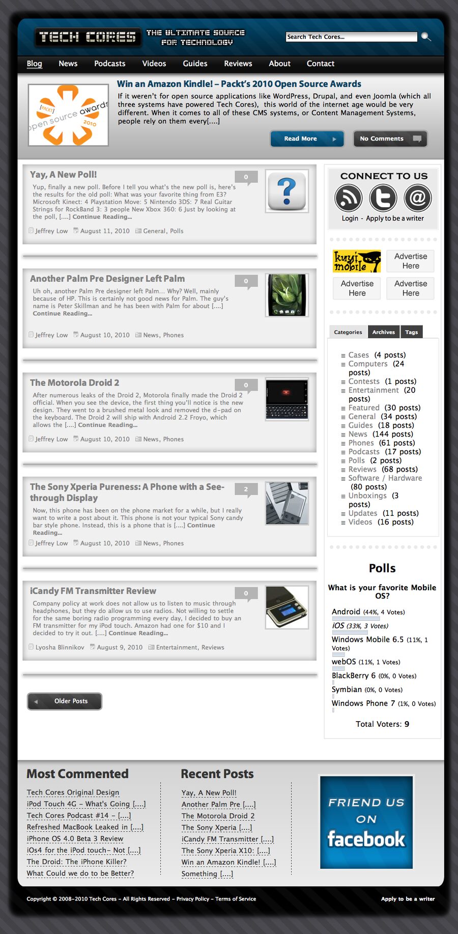 Tech Cores version 1, with a dark blue header, featured post banner and sidebar of categories and polls