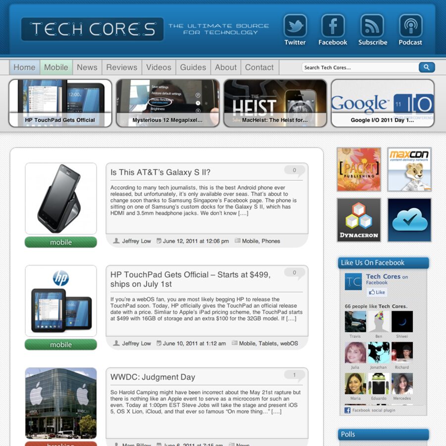 Tech Cores version 2, with a blue header, social buttons and a featured post slider