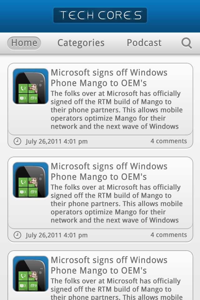 Tech Cores v3 mobile home screen with a list of posts