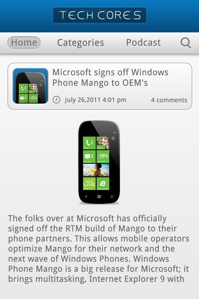 Tech Cores v3 mobile post view about Windows Phone Mango