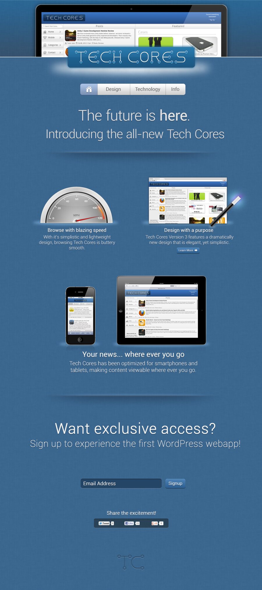 Tech Cores v3 teaser page reading The future is here, introducing the all-new Tech Cores, with an early access sign-up form