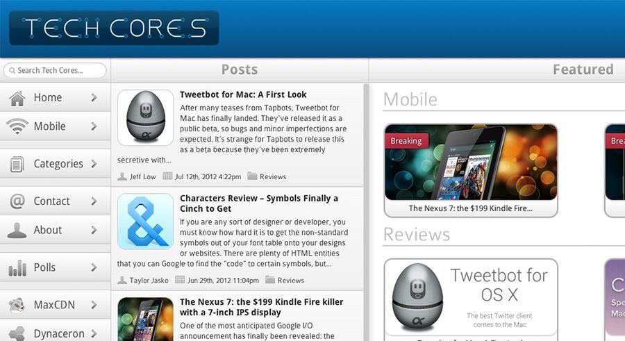 Tech Cores version 3, an app-like layout with navigation, posts and featured columns